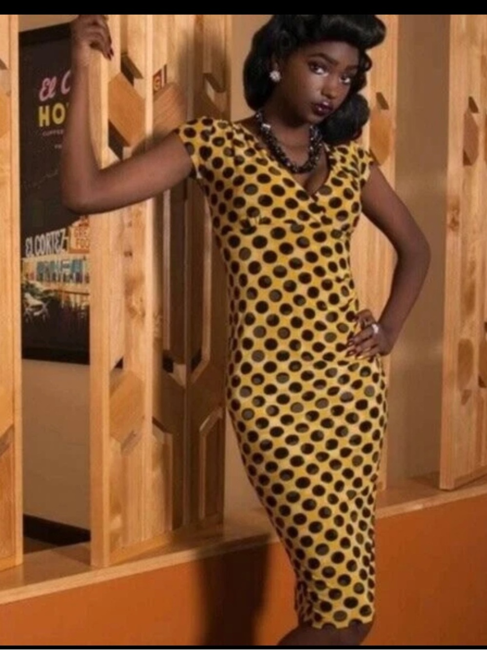 Bettie Page by Tatyana Polka Dot Yellow And Black Wiggle Retro Pin Up Dress XL